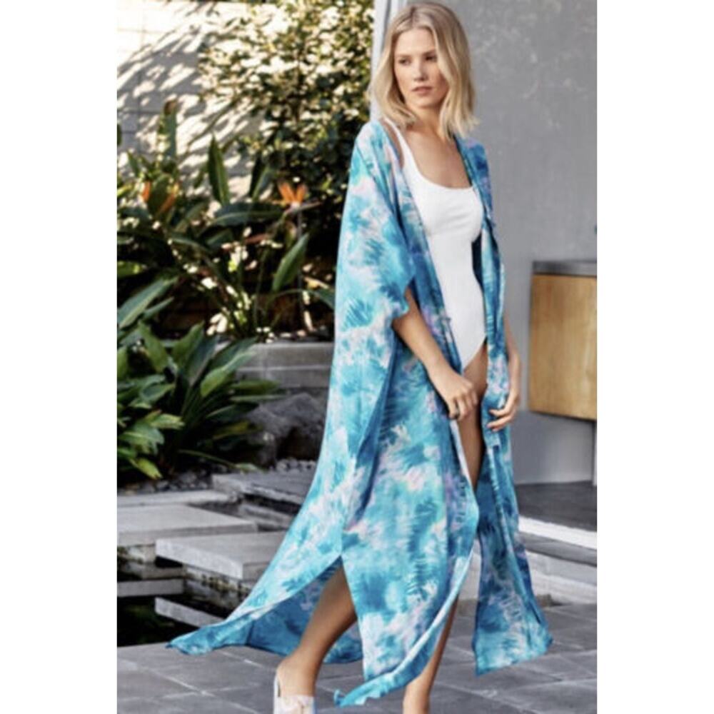 (60% OFF) NWT Calme by Johnny Was Blue Multi V Neck Maxi Kaftan Medium MSRP $175